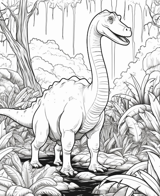 Photo un coloriage d'un dinosaure dans la jungle ai générative