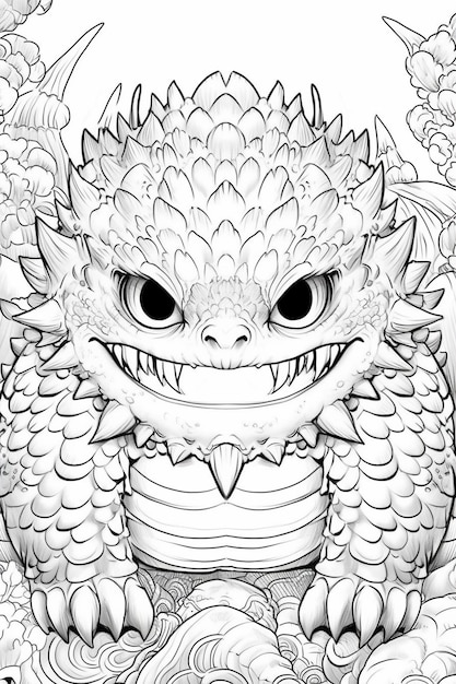 un coloriage d'un dragon avec une grande bouche et de grands yeux ai générative