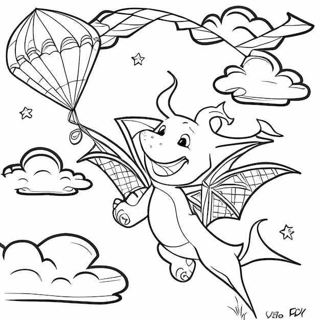 Photo coloriage de dragon volant avec un cerf-volant papillon