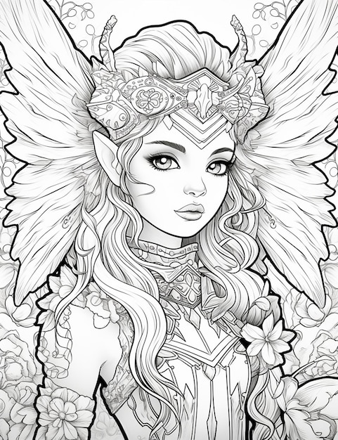un coloriage d'une fée avec des ailes et des fleurs ai générative