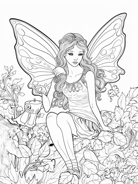 Photo un coloriage d'une fée assise sur un rocher entouré de fleurs générative ai