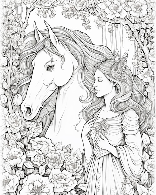 un coloriage d'une fille et d'un cheval dans un jardin ai générateur