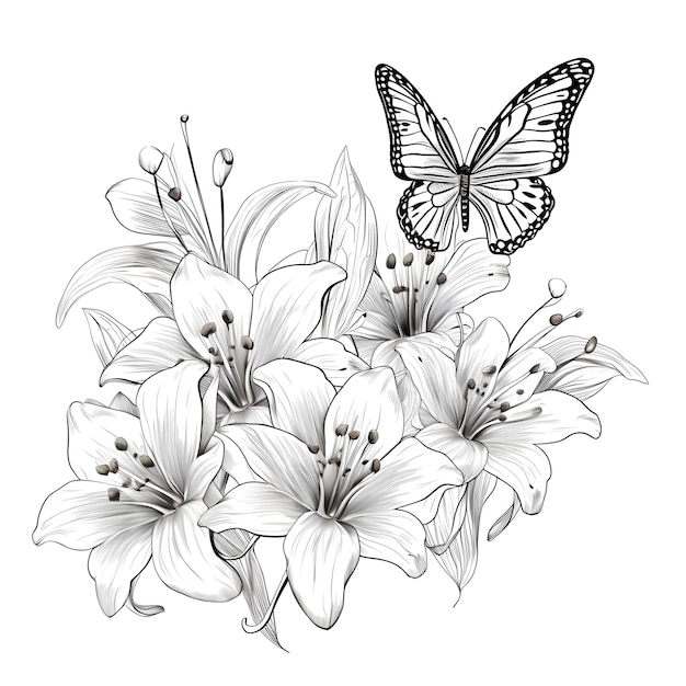 Photo coloriage de fleurs de lin avec des papillons