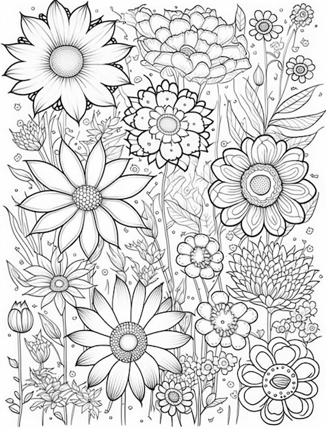 un coloriage avec des fleurs et des papillons ai génératif