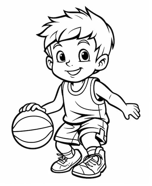 Photo coloriage d'un garçon avec un ballon de basket à la main ia générative