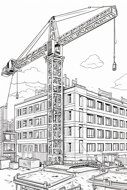 Photo coloriage une grue construire un bâtiment