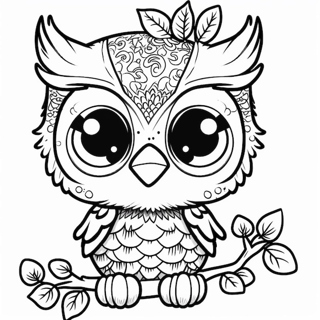 un coloriage d'un hibou avec de grands yeux et une fleur sur la tête ai générative