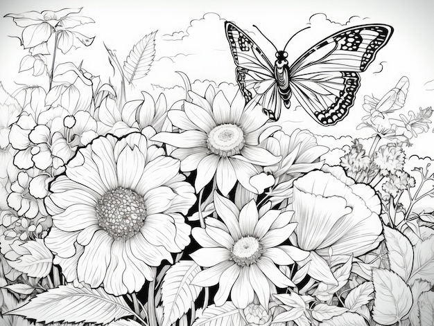 Coloriage d'une illustration vibrante d'un papillon en plein vol parmi un jardin coloré