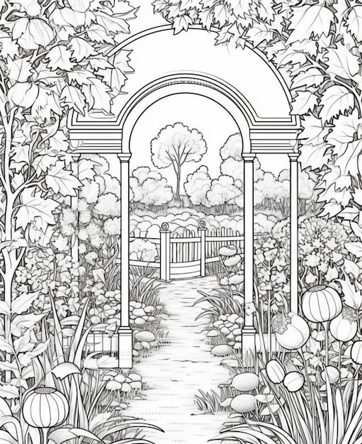 un coloriage d'un jardin avec un portail et des fleurs IA générative