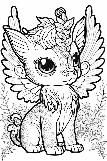 un coloriage avec un joli petit chat avec des ailes et des fleurs ai générative