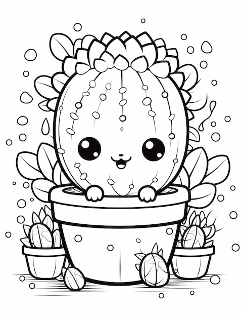 Photo coloriage une jolie plante de cactus avec une fleur dans un pot ai génératif