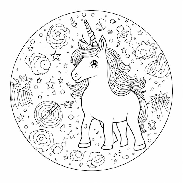 Photo un coloriage avec une licorne dans un cercle entouré d'étoiles et de planètes ai générative
