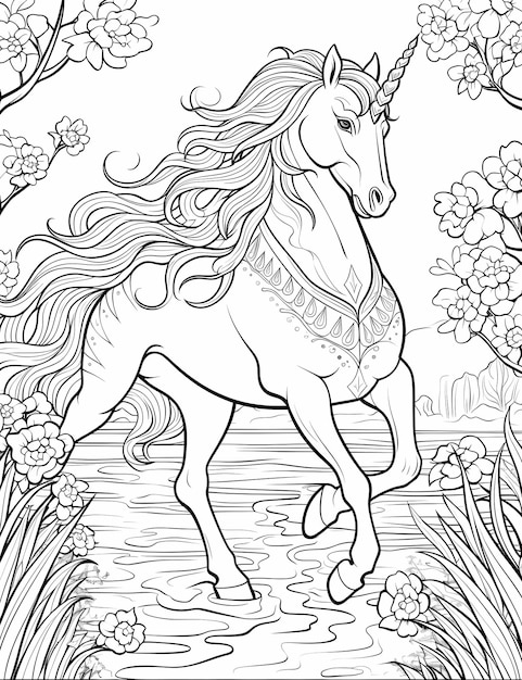 coloriage licorne pour enfants 48 détails bas noir et blanc