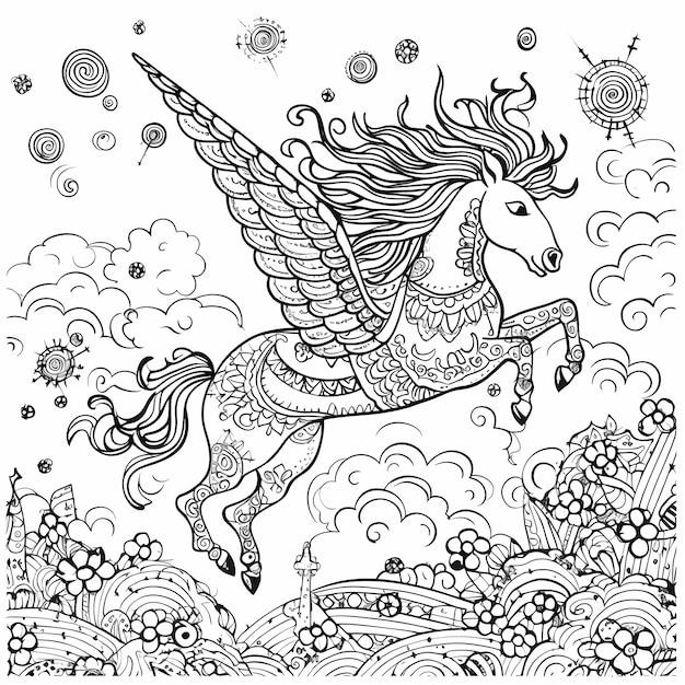 Photo coloriage de licorne volante