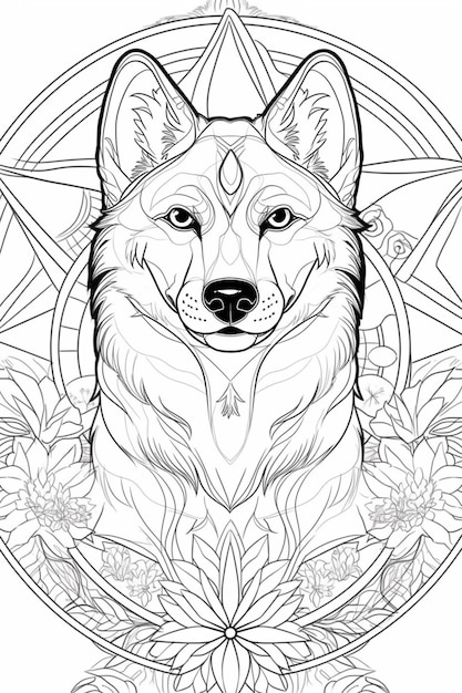 un coloriage d'un loup avec une fleur et un pentagramme ai génératif