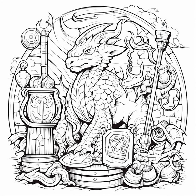 Coloriage magique de dragons du monde fantastique en noir et blanc