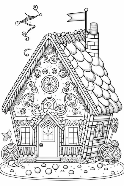 un coloriage avec une maison et un oiseau qui survole IA générative