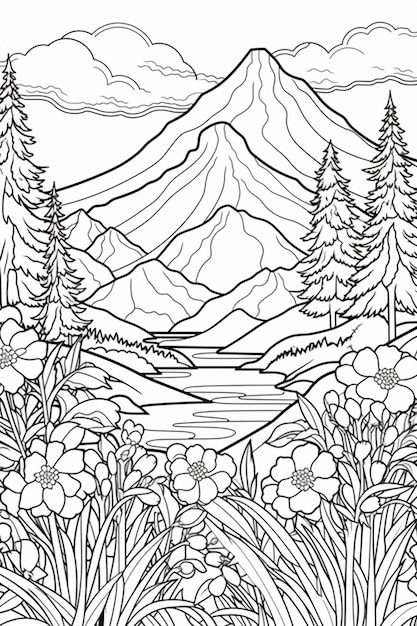 Photo un coloriage avec une montagne et des fleurs au premier plan ai générative