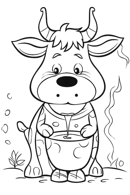 Coloriage noir et blanc d'une vache qui boit du lait.