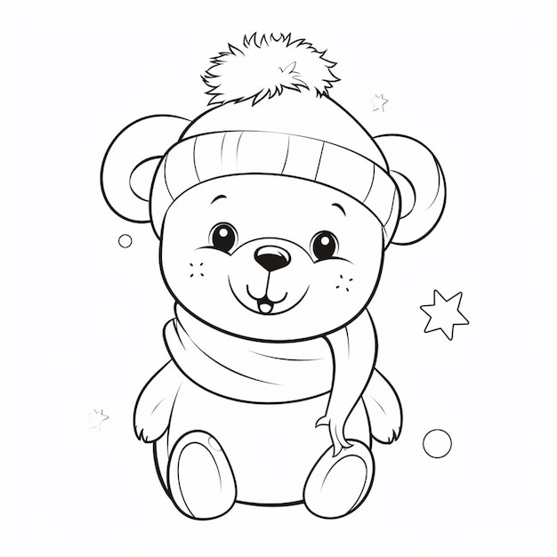 un coloriage d'un ours en peluche portant un chapeau et une écharpe ai générative