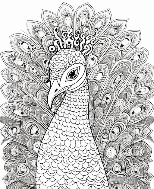 un coloriage avec un paon avec une couronne dessus IA générative