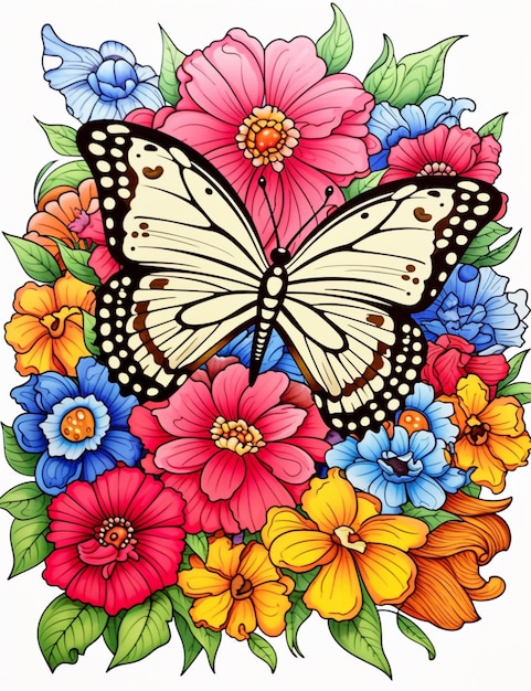 Coloriage papillon et fleurs générative ai