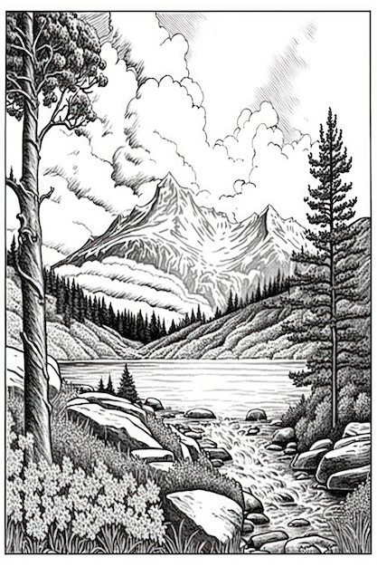 Coloriage paysage de montagne en niveaux de gris