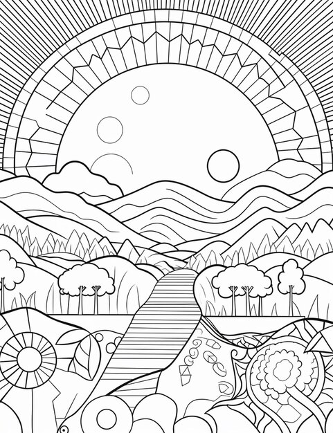 Photo un coloriage avec un paysage et un soleil en arrière-plan ia générative