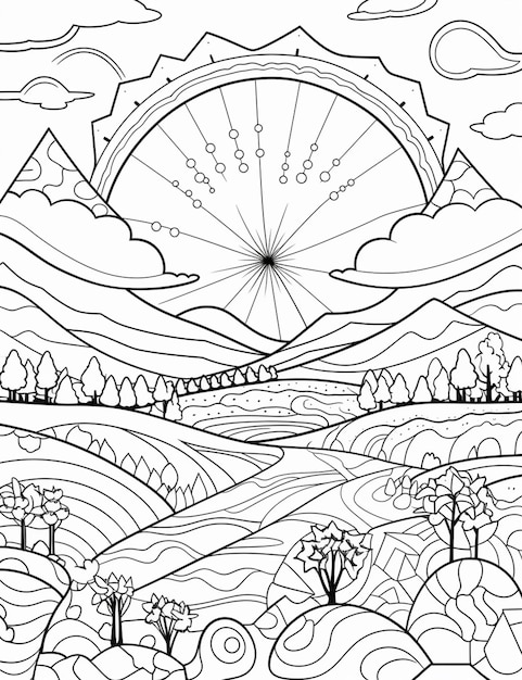 un coloriage avec un paysage et un soleil dans le ciel ai générative