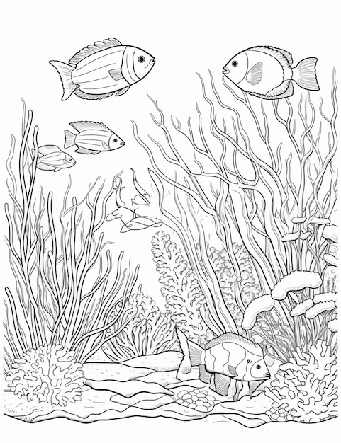 un coloriage avec des poissons et des plantes dans l'océan IA générative