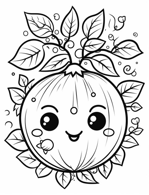 un coloriage d'une pomme souriante avec des feuilles et des baies ai générative