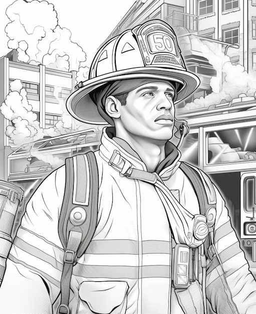 coloriage d'un pompier dans une caserne de pompiers avec un camion de pompiers IA générative
