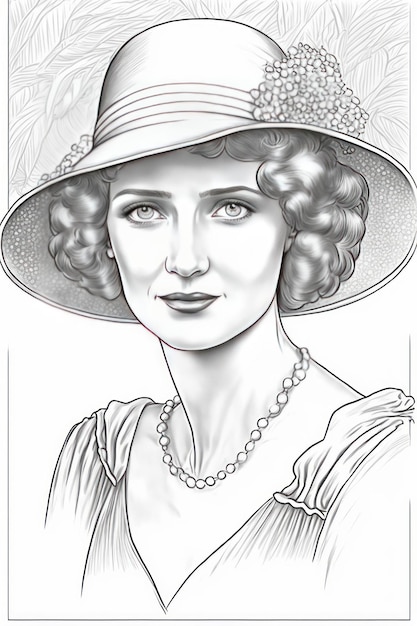 Coloriage pour adultes femme avec chapeau style 1920 portrait perles perles niveaux de gris