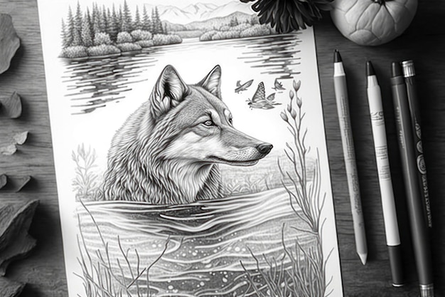 Photo coloriage pour adultes loup dans le lac en niveaux de gris