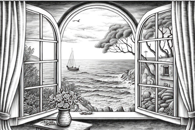 Photo coloriage pour adultes voit la mer à travers une fenêtre ouverte en niveaux de gris