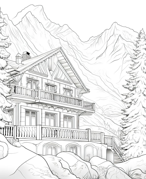 Coloriage pour enfants chalet de montagne