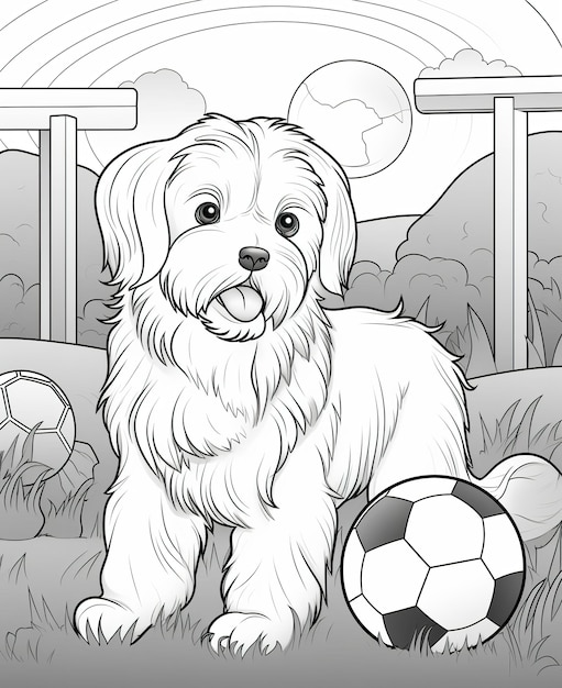 Coloriage pour enfants chien avec ballon de football dans un champ