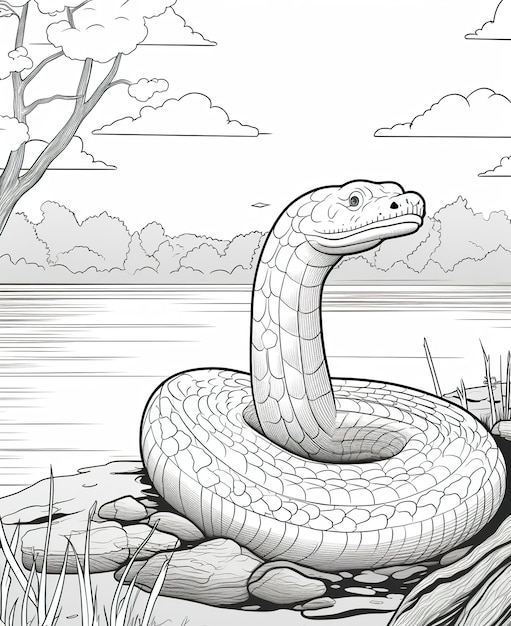 Coloriage pour enfants serpent au bord d'un lac