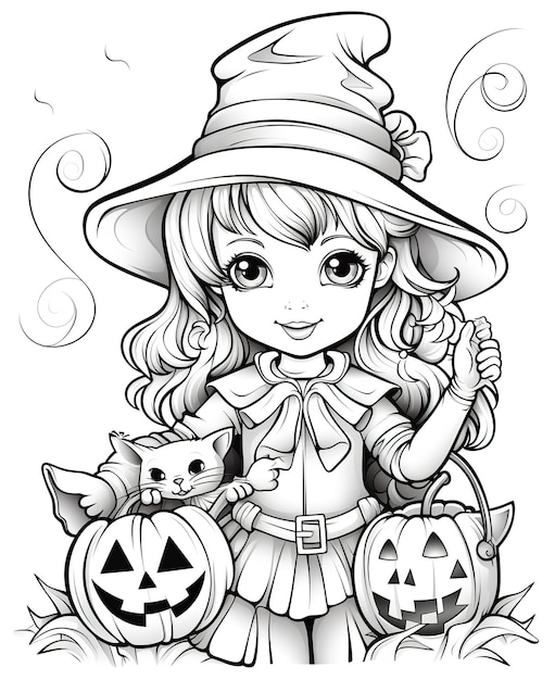 Coloriage pour enfants sorcière d'Halloween avec des citrouilles