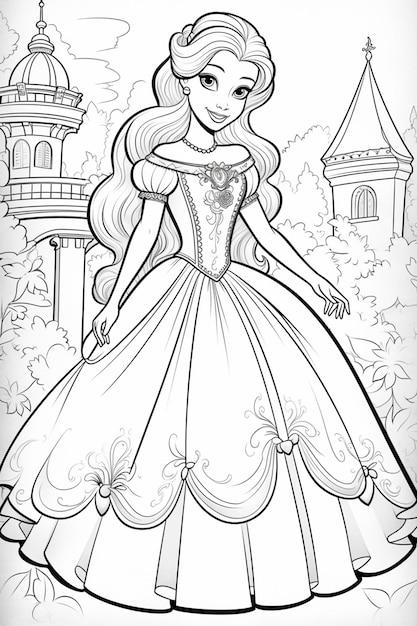 Photo un coloriage d'une princesse en robe avec un château en arrière-plan ai générative