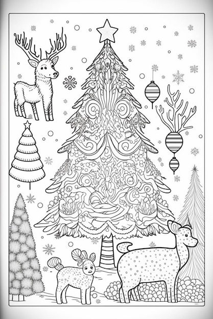 un coloriage avec un sapin de Noël et des cerfs IA générative