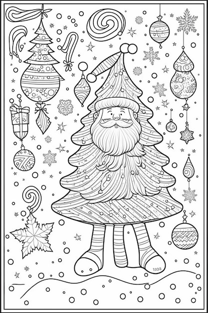 un coloriage avec un sapin de Noël et des ornements ai génératif