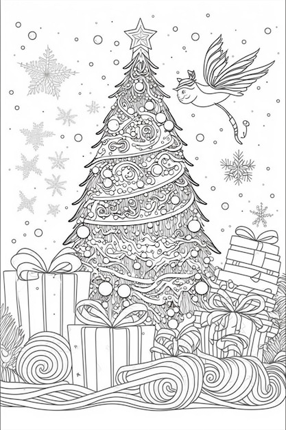 un coloriage avec un sapin de Noël et présente une IA générative