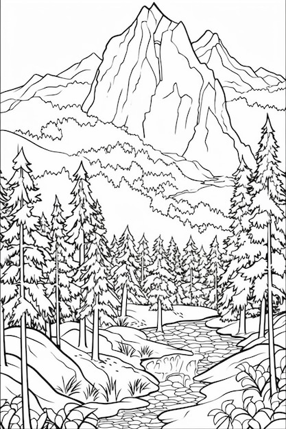 un coloriage avec une scène de montagne et un ruisseau ai génératif