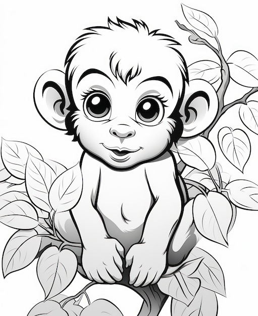 Coloriage d'un singe mignon avec des lignes épurées générées par l'IA