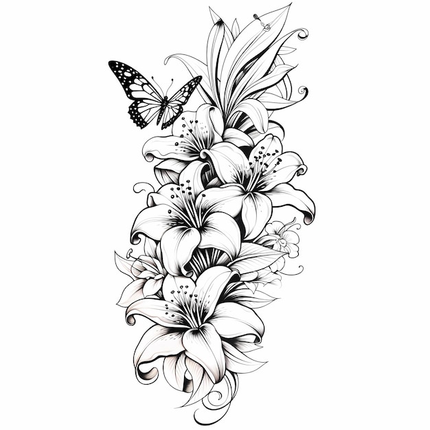 Photo coloriage de tatouage de fleurs et de papillons lilly en détail