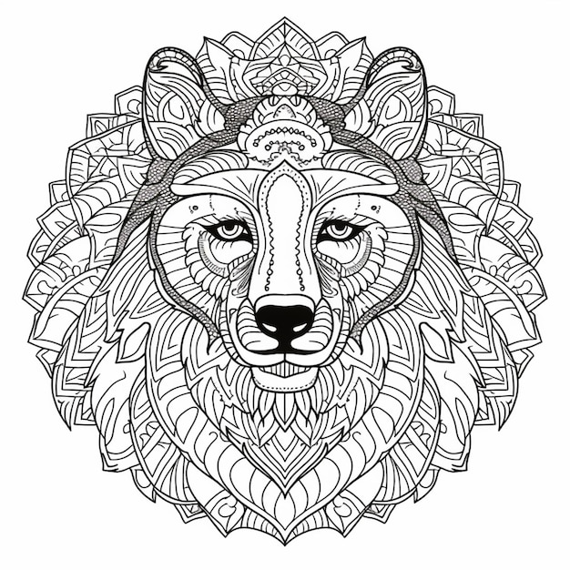 un coloriage avec une tête de lion et une fleur ai générative