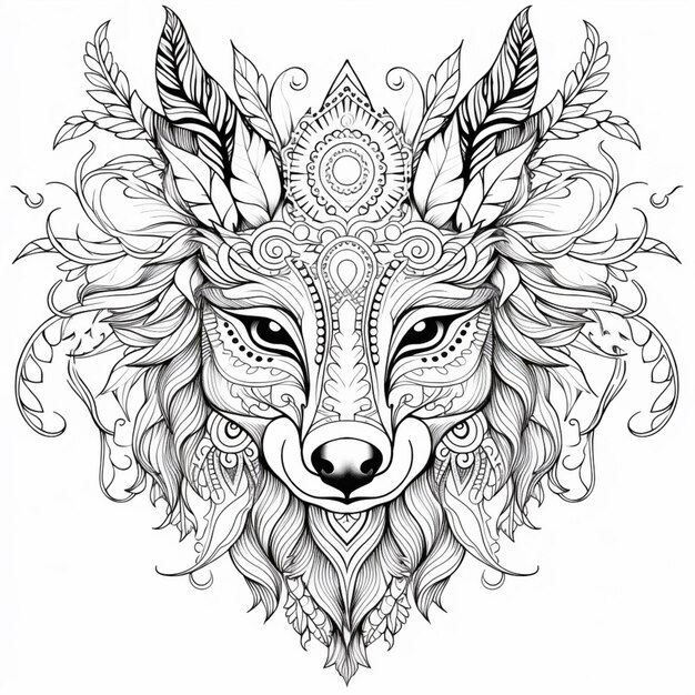 un coloriage avec une tête de loup et un motif floral IA générative