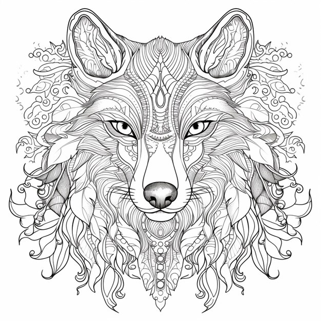 un coloriage avec une tête de loup et un motif floral IA générative