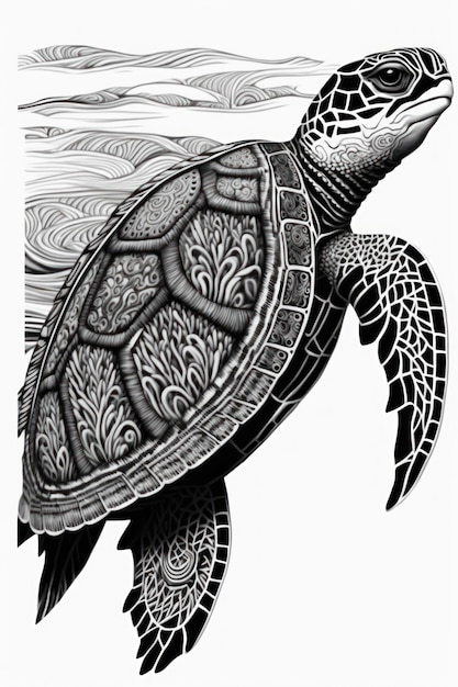 Photo coloriage tortue pense lignes style tribal sans ombre